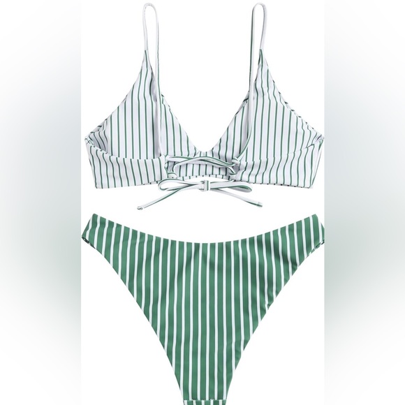 NWT ZAFUL Tie Back Bralette Bikini Set High Cut White Green Stripe XL - Picture 4 of 13